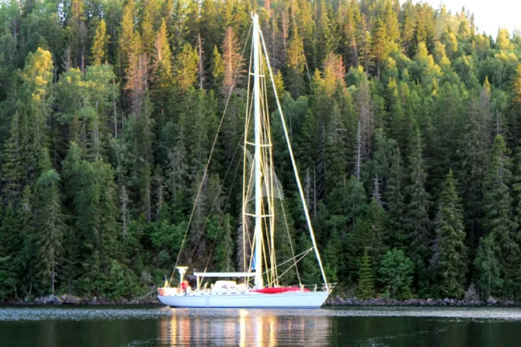 Sailing yacht at anchor among the pines of the Stockholm archipelago